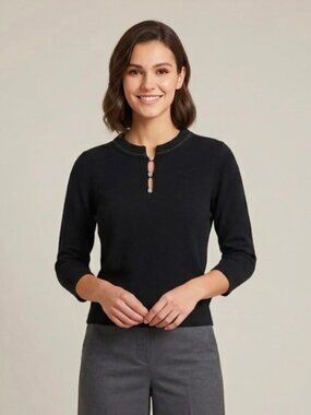 Vtg Perry Ellis Henley Sweater Lambswool Angora Size M Black Y2K